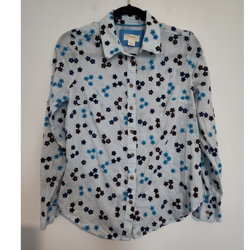 Maeve Anthropologie Blue Cotton Embroidered Floral Button Down Shirt Small
